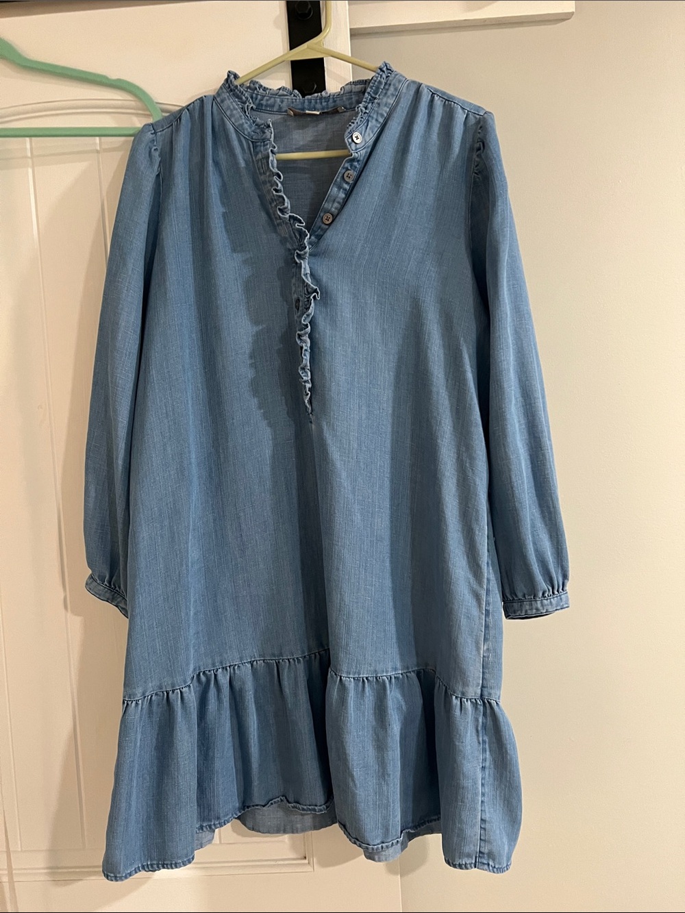 LOFT Light Blue Ruffle-Trim Chambray Mini Dress